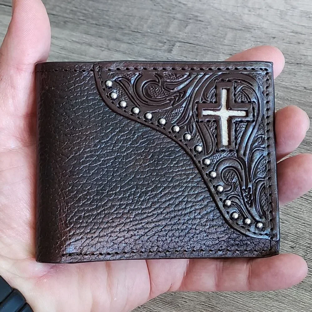 Western Dark Brown Leather Bifold Wallet Cowhide Inlay Cross Silver Stud Accent - Picture 7 of 13